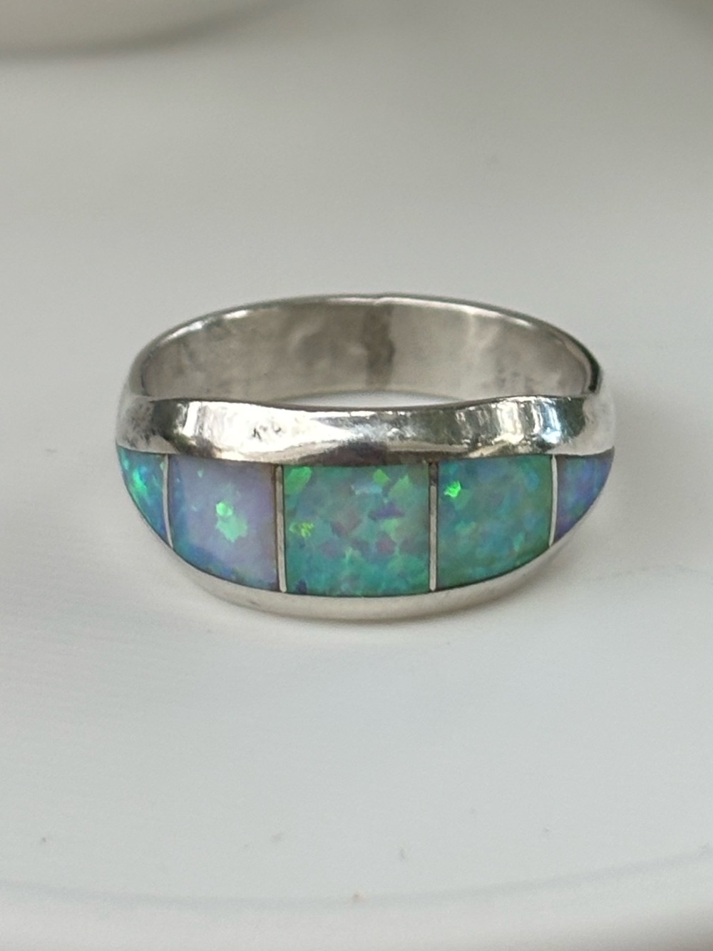 Nathaniel Johnson Nel J Navajo Sterling Silver Blue Green Opal Inlay Ring 7.25